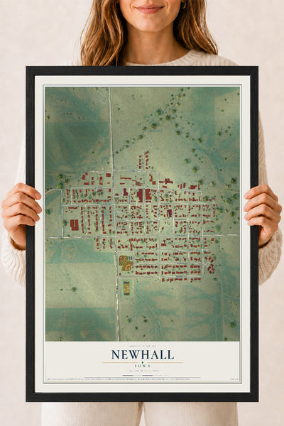 Map of Newhall, Iowa, 18 x 24 inch print in a black wood frame