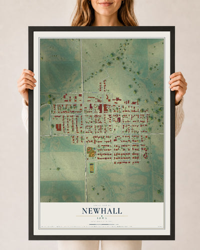 Map of Newhall, Iowa, 24 x 36 inch print in a black wood frame