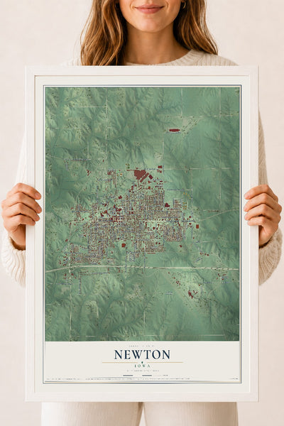 Map of Newton, Iowa, 18 x 24 inch print in a white wood frame