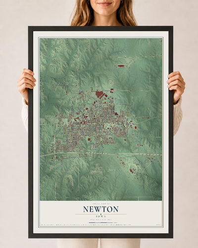 Map of Newton, Iowa, 24 x 36 inch print in a black wood frame