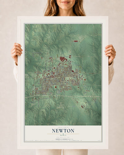 Map of Newton, Iowa, 24 x 36 inch print in a white wood frame