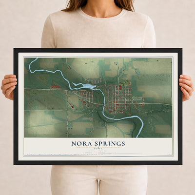 Map of Nora Springs, Iowa, 12 x 18 inch print in a black wood frame