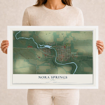 Map of Nora Springs, Iowa, 12 x 18 inch print in a white wood frame