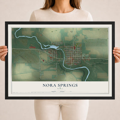 Map of Nora Springs, Iowa, 18 x 24 inch print in a black wood frame