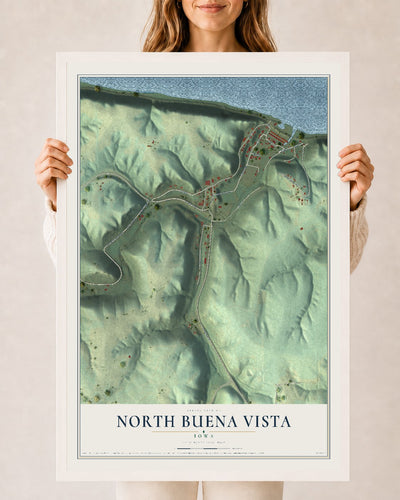 Map of North Buena Vista, Iowa, 24 x 36 inch print in a white wood frame