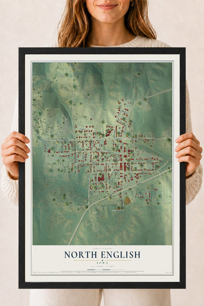 Map of North English, Iowa, 18 x 24 inch print in a black wood frame