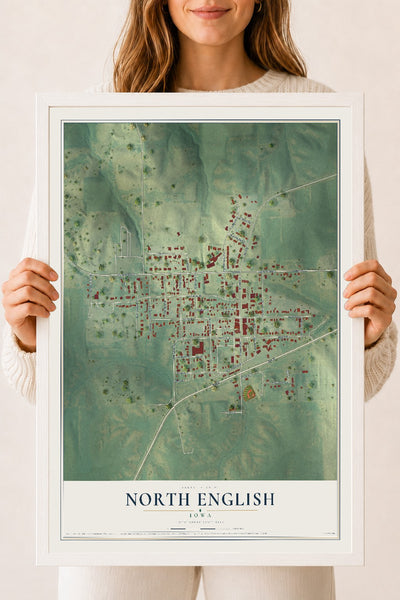 Map of North English, Iowa, 18 x 24 inch print in a white wood frame