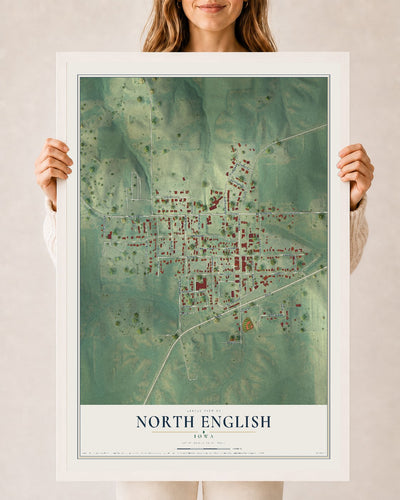 Map of North English, Iowa, 24 x 36 inch print in a white wood frame