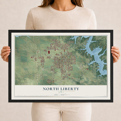 Map of North Liberty, Iowa, 12 x 18 inch print in a black wood frame