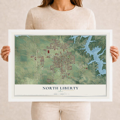 Map of North Liberty, Iowa, 12 x 18 inch print in a white wood frame