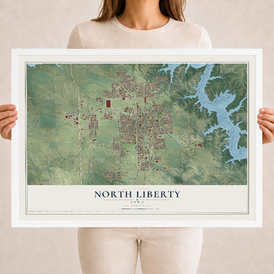 Map of North Liberty, Iowa, 18 x 24 inch print in a white wood frame
