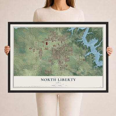 Map of North Liberty, Iowa, 24 x 36 inch print in a black wood frame
