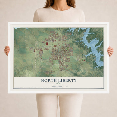 Map of North Liberty, Iowa, 24 x 36 inch print in a white wood frame