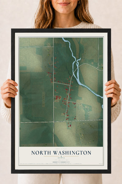 Map of North Washington, Iowa, 18 x 24 inch print in a black wood frame