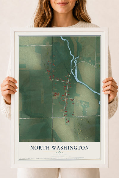 Map of North Washington, Iowa, 18 x 24 inch print in a white wood frame
