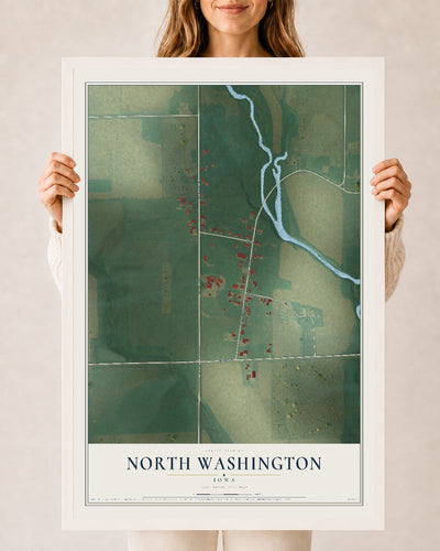 Map of North Washington, Iowa, 24 x 36 inch print in a white wood frame