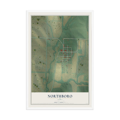 Map of Northboro, Iowa, 12 x 18 inch print in a white wood frame