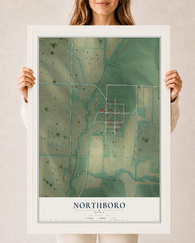 Map of Northboro, Iowa, 24 x 36 inch print in a white wood frame