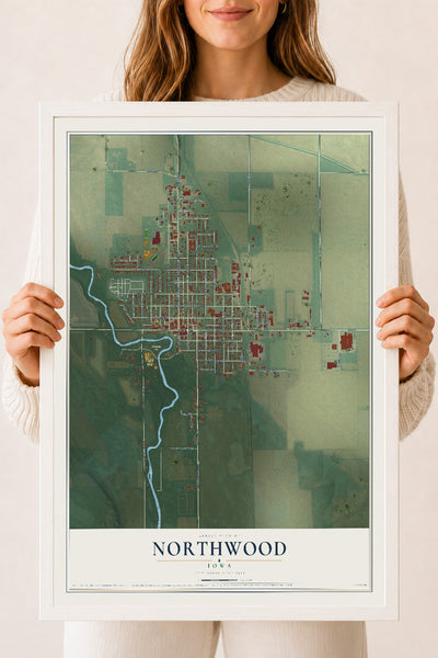 Map of Northwood, Iowa, 18 x 24 inch print in a white wood frame