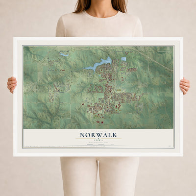 Map of Norwalk, Iowa, 24 x 36 inch print in a white wood frame