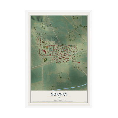 Map of Norway, Iowa, 12 x 18 inch print in a white wood frame