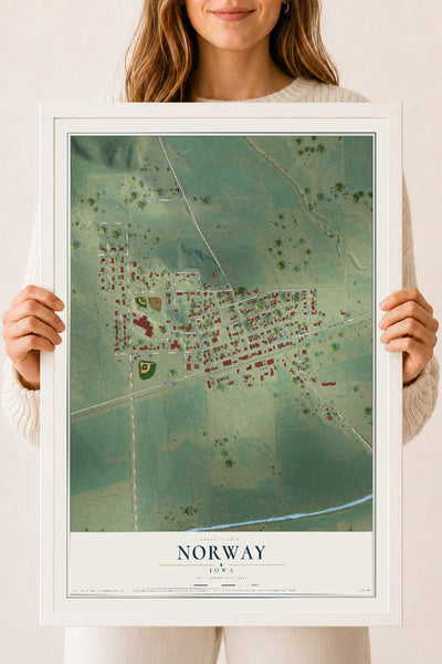Map of Norway, Iowa, 18 x 24 inch print in a white wood frame