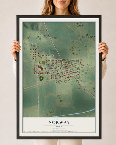 Map of Norway, Iowa, 24 x 36 inch print in a black wood frame