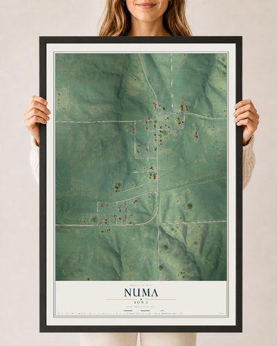 Map of Numa, Iowa, 24 x 36 inch print in a black wood frame