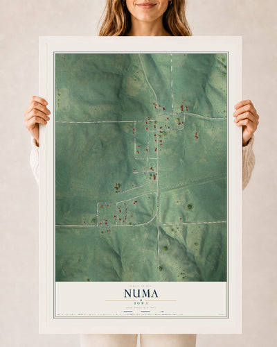 Map of Numa, Iowa, 24 x 36 inch print in a white wood frame