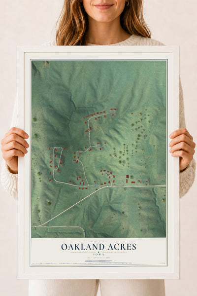 Map of Oakland Acres, Iowa, 18 x 24 inch print in a white wood frame