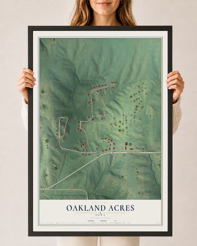 Map of Oakland Acres, Iowa, 24 x 36 inch print in a black wood frame