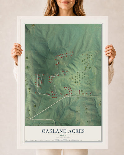 Map of Oakland Acres, Iowa, 24 x 36 inch print in a white wood frame