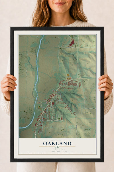 Map of Oakland, Iowa, 18 x 24 inch print in a black wood frame
