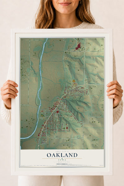 Map of Oakland, Iowa, 18 x 24 inch print in a white wood frame