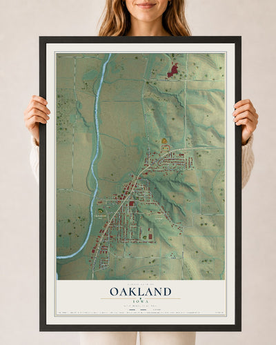 Map of Oakland, Iowa, 24 x 36 inch print in a black wood frame