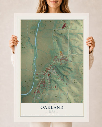 Map of Oakland, Iowa, 24 x 36 inch print in a white wood frame
