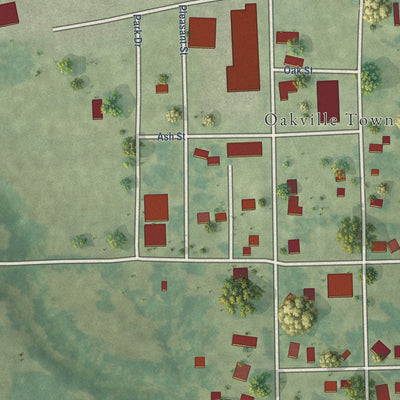 Close-up of the map of Oakville, Iowa print showing street and building detail