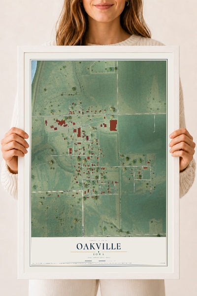 Map of Oakville, Iowa, 18 x 24 inch print in a white wood frame