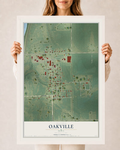 Map of Oakville, Iowa, 24 x 36 inch print in a white wood frame