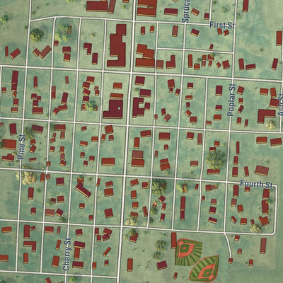 Close-up of the map of Ocheyedan, Iowa print showing street and building detail