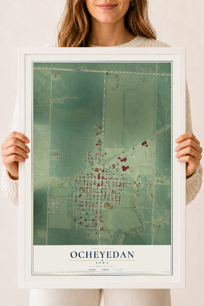 Map of Ocheyedan, Iowa, 18 x 24 inch print in a white wood frame