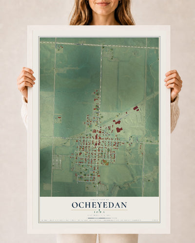 Map of Ocheyedan, Iowa, 24 x 36 inch print in a white wood frame