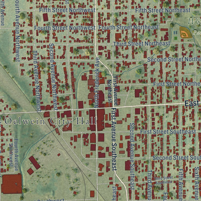 Close-up of the map of Oelwein, Iowa print showing street and building detail