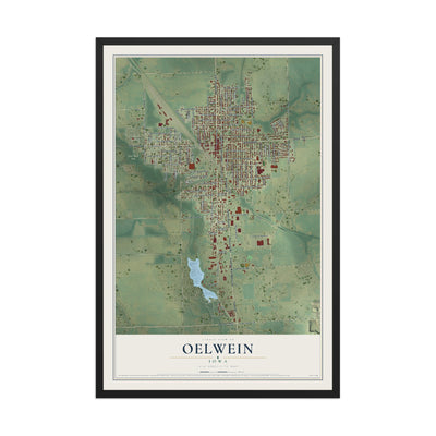 Map of Oelwein, Iowa, 12 x 18 inch print in a black wood frame