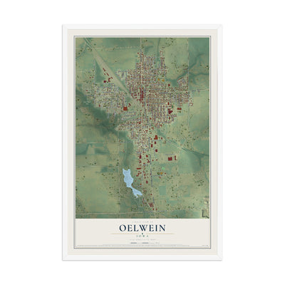 Map of Oelwein, Iowa, 12 x 18 inch print in a white wood frame