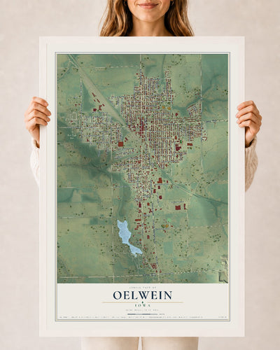 Map of Oelwein, Iowa, 24 x 36 inch print in a white wood frame