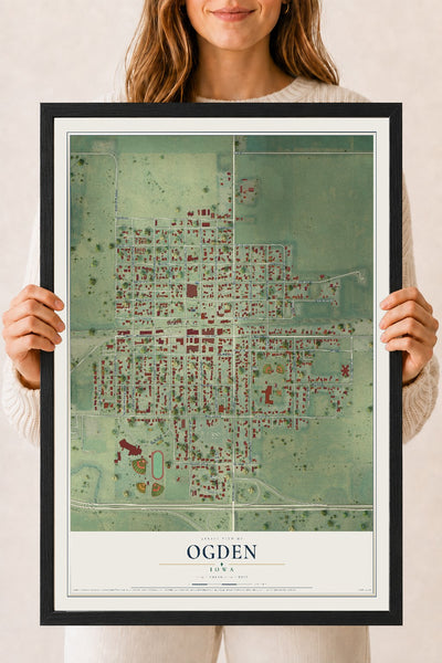 Map of Ogden, Iowa, 18 x 24 inch print in a black wood frame