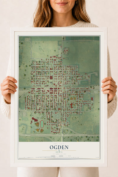 Map of Ogden, Iowa, 18 x 24 inch print in a white wood frame