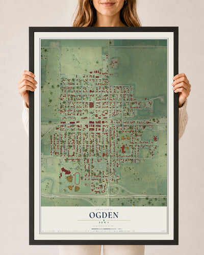Map of Ogden, Iowa, 24 x 36 inch print in a black wood frame