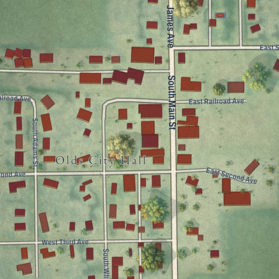 Close-up of the map of Olds, Iowa print showing street and building detail